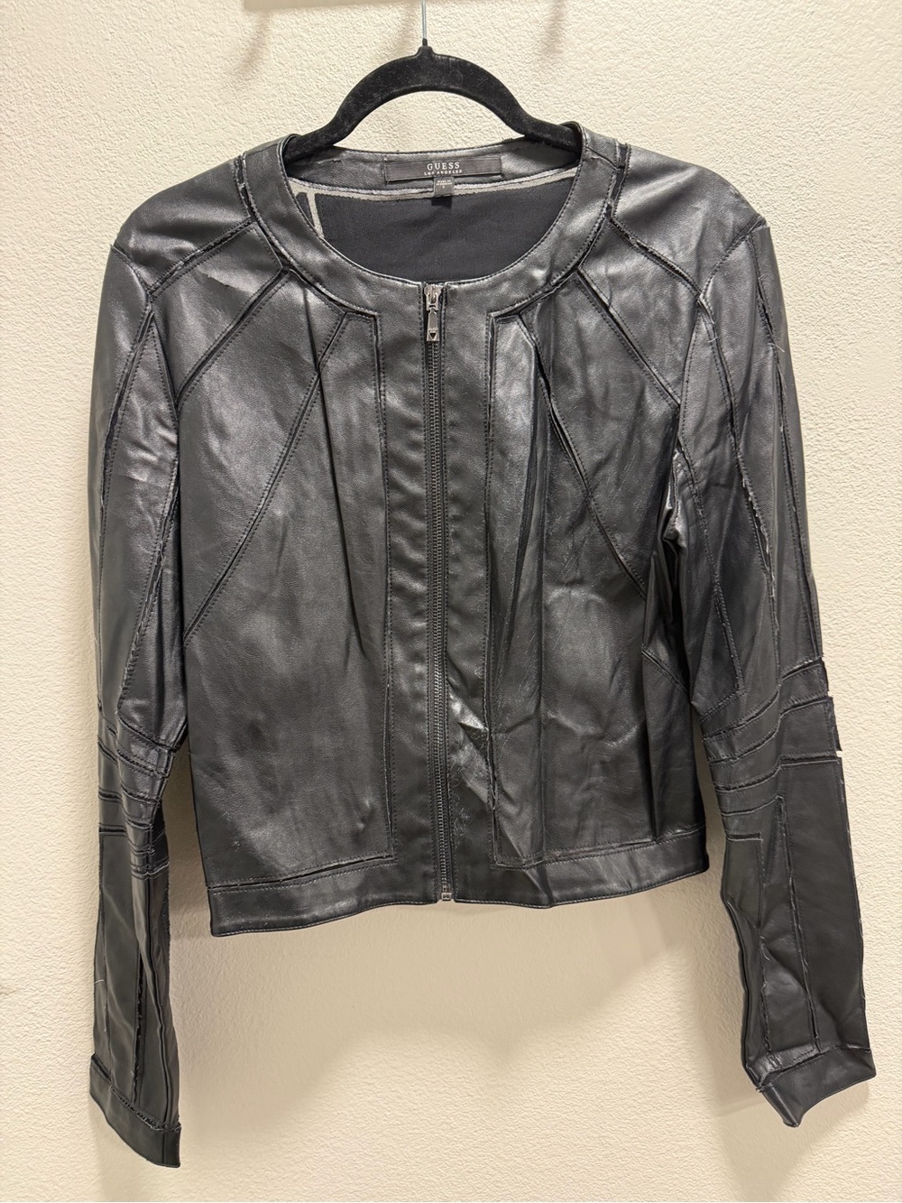 GUESS Black Faux Leather Panel-Detail Zip Jacket
